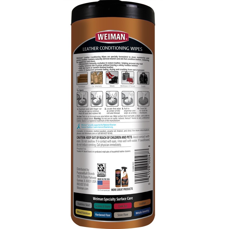 Weiman Leather Cleaner & Conditioner Wipes With UV Protection, Prevent