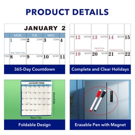 2025 Wall Calendar Dry Erase -12 Month Annual Yearly Calendar Large Wall Planner Calendar, Reversible, Horizontal/Vertical 23" x 34" Jan. 2025 - Dec. 2025，2-Sided Erasable Calendar with 20 Round Stickers& 2 Dry Erase Makers