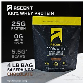 Ascent 100% Whey Protein Powder - Post Workout Whey Protein Isolate, Zero Artificial Flavors & Sweeteners, Soy & Gluten Free, 5.5g BCAA, 2.6g Leucine, Essential Amino Acids, Chocolate 4 lb