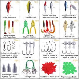 PLUSINNO Fishing Lures Baits Tackle Including Crankbaits, Spinnerbaits, Plastic Worms, Jigs, Topwater Lures, Tackle Box and More Fishing Gear Lures Kit Set, 210Pcs Fishing Lure Tackle