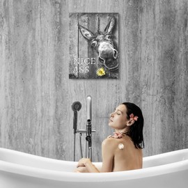 Kasluolo Donkey Bathroom Decor Wall Art Funny Donkey Picture Wall Decor Farmhouse Black and White Painting Wall Décor for Bathroom Toilet Framed Artwork 16x24 inch