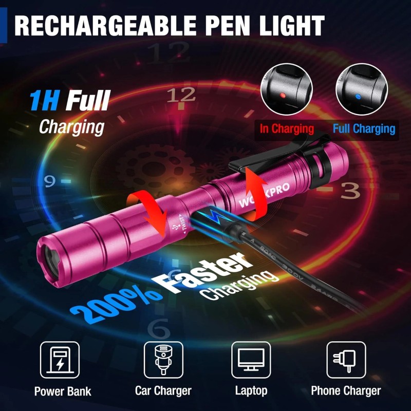 WORKPRO 2Pack Rechargeable Mini Pen Light Flashlight LED Pocket Flashlight