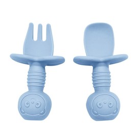 Babies & Cuties Toddler Fork and Spoon Set - First Feeding Utensils - 100% Silicone - Self Feeding Spoon and Fork Training Set - Anti-Choke - 0-12 Months - (Baby Blue)