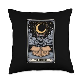 The Hermit Tarot Card Cat In Box Mystic Funny Cat Throw Pillow