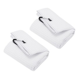 PATIKIL 20"x16" Tri-Fold Golf Towels, 2 Pack Waffle Pattern Towels Soft Fiber Strong Water Absorption with D Clip for Golf Lovers, White