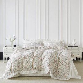 YuHeGuoJi White Ruffle Duvet Cover Queen 100% Cotton Red Floral Duvet Cover 3 Pcs Set 1 Decorative Sage Botanical Duvet Cover with Zipper Ties 2 Pillow Shams Aesthetic Green Plant Bedding Set