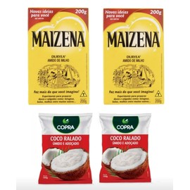 Amido Milho Brasileiro Maizena | Pack 2x200g | Brazilian Corn Starch + Coco Ralado Adoçado Copra | Pack 2x100g | Shredded Coconut | Brazil in Texas | Bundle
