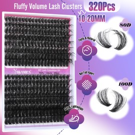 Fluffier Volume Lash Clusters 320pcs DIY Lash Extension 10-20mm D Curly Eyelash Clusters 80D+100D Wispy Individual Lashes Cluster Eyelash Extensions DIY Lash at Home by Yawamica