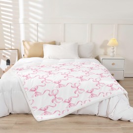 feelingyou Pink Bowknot Throw Blanket for Kids,Princess Style Watercolor Bow-tie Fleece Throw Blanket for Bedroom Sofa Dorm,Fairy Tale Bow Ribbon Stripes Pink White Lightweight Blanket,40 x 50 Inches