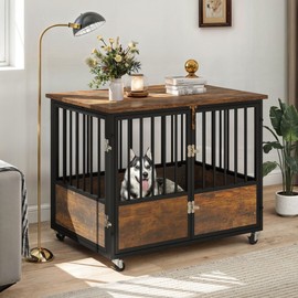 DWVO Dog Crate Furniture with Wheels, 38 Inch Dog Kennel Indoor Furniture End Table Dog Crate for Dogs, Farmhouse Decorative Wooden Dog Cage Table with Double-Doors, Chew-Resistant, Rustic Brown