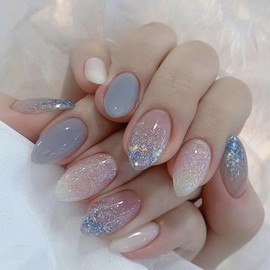 IQXGE Nude Acrylic Press on Nails Almond Medium Acrylic Nails Press Ons Full Cover Glue on Fake Nail with Bling Glossy Designs Light Blue Artificial Stick on False Nail for Women and Girls