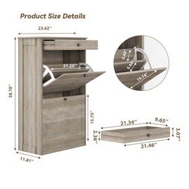 FTZxHKLX Shoe Cabinet with 2 Flip Drawers, Narrow Freestanding Shoe Storage Organizer, Slim Wooden Hidden Shoe Rack for Front Door Entrance, Closet, Hallway, Living Room, Rustic Gray