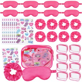 YLOLUL 32 Pcs Sleepover Party Supplies Makeup Party Party Favor with Hair Scrunchies Clear Cosmetic Bags Eye Masks Sleepover Party Temporary Tattoos for Slumber Party Spa Party Favors Gift (Red, 16)