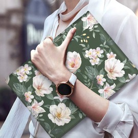 WAVEYU Portfolio Case for Women, Padfolio Cover for Girls, Conference/Resume/Legal Document Organizer with Letter/A4 Size Clipboard Hardboard, Business Card Holders, Green Flower