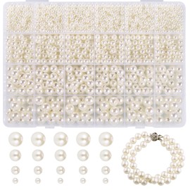 Zocipro Pack of 1890 White Pearls for Threading, Mother of Pearl Beads, White Round Decorative Beads 10/8/6/4 mm for Bracelets, Necklaces, Jewellery Making, Craft Decor, Glass Beads for Jewellery