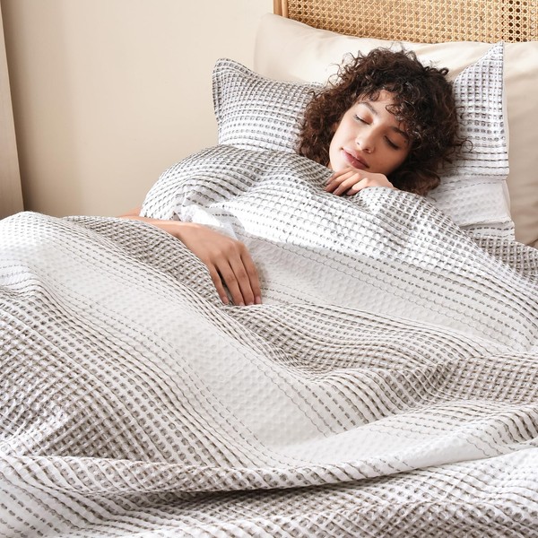 PHF Waffle Weave Duvet Cover Set Queen Size, Striped Yarn-Dyed