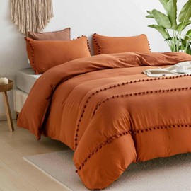 Freyamy Duvet Cover 140 x 200 cm + 1 Pillowcase 65 x 65 cm Fringe Bohemian Pompoms Caramel Bed Linen 100% Microfibre Washed Duvet Cover for Adults with Zip Bed Linen