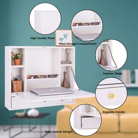 Table, Multifunctional Folding Hanging Cabinet, Space Saving Computer w/Storage Drawer & Shelves, Wall Mount Laptop Desk, Home Office, White