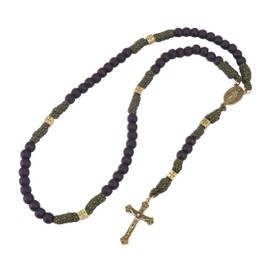 Nazareth Store Antique Bronze Paracord Rosary Necklace with Durable Black Matte Prayer Beads and Jesus Cross with Miraculous Medal - Catholic Chaplet
