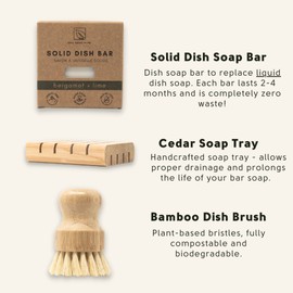 Zero Waste MVMT Dish Washing Bundle Kit | Eco-Friendly Solid Dish Soap Bar, Cedar Soap Tray, Bamboo Pot Brush | Organic, Vegan, Non-Toxic Dish Soap | 3pc. Set