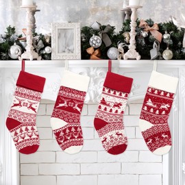 BOFUNX Pack of 4 Christmas Stocking for Filling and Hanging, Knitted Christmas Stockings, Large Stockings for Fireplace, Shop Window, Christmas Tree, 45 x 15 cm