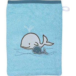 Wörner Organic Children's Wash Mitt Whale Family Terry Light Blue Size 15 x 21 cm