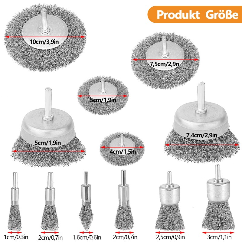 Wire Brush Set, 12 Pieces Steel Wire, Brass-Plated, Carbon Steel