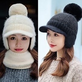 Lucy's Winter Warm Knit Ear Flap Hat & Neck Warmer Set with Pom-Pom Pink