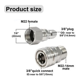 Yuiturt Stainless Steel Pressure Washer Adapter, M22 14mm to 3/8'' Quick Connect, Quick Disconnect Connector for High Pressure Washer, 5000 PSI, Quick Release Couplings, 2 Pack