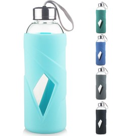 SHOW INGENUITY 32 oz Borosilicate Glass Water Bottle BPA Free Reusable Glass Drinking Bottle with Silicone Sleeve and Stainless steel Lid