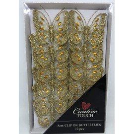 Set of 6 Gold 8cm Diamante Glitter Mesh Jewelled Butterfly 3D Decorative Butterflies Wedding Home Party Event Craft Embellishment Festive Stylish Xmas Tree Christmas Decoration Curtain Clip On