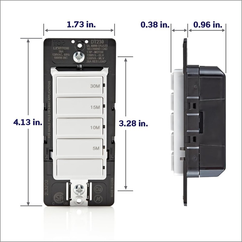 Leviton DT230-1LW Countdown Switch for bathroom household lights, 5-10-15-30 min,