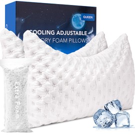 KUCEY Cooling Side Sleeper Pillow for Neck and Shoulder Pain, Luxury Shredded Memory Foam Curved Bed Pillows for Sleeping Set of 2- Adjustable Queen Size- Washable Cover Crescent White