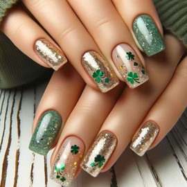 St. Patrick's Press on Nails Medium Fake Nails Square Nails Press ons Golden Glitter Glue on Nails Green Acrylic Nails Nude False Nails with Shamrock designs Stick on Nails for Women 24Pcs