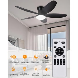 AYSEMO 36" Low Profile Ceiling Fan with Lights & Remote, 6-Speed Wind, Dimmable 3-Color LED, Reversible DC Motor,Timer, Memory Function for Bedroom/Living Room/Patio Use (Black)