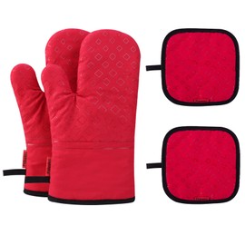 Piduules Set of 4 Oven Mitts and Pot Holders, 482 F Heat Resistant Hot Plate Moving Non-Slip Gloves for BBQ, Grill, Baking, Cooking, Oven, Microwave (Red)