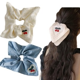 2 Pcs Large Rustic Lattice Scrunchies for Hair Bun, Large Blue Satin Scrunchies for Women girls Elegant lace cherry hair ties thin ponytail thick curly hairs (Cherry)