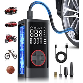 JUSUOX Tire Inflator Portable Air Compressor, Cordless Electric Air Pump, 150PSI Portable Bike Tire Pump with Pressure Gauge LCD Dual Screen and LED Light for Car Bike Motorcycle Balls