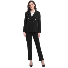V VOCNI Womens Suits 2 Piece Set Double Breasted Business Office Blazer Work Pants Set Dressy Casual Workwear Outfits Black Medium