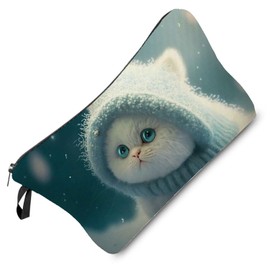 Livel lhood Chubby White Cat Makeup Bag Adorable Kitten Pattern Small Toiletry Organizer Zipper Pouch Kitty with Blue Woolen Hat Cosmetic Bag Present for Cat Lovers Cat Mom Women