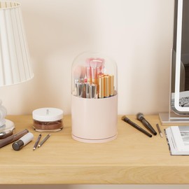Yieach Rotating Acrylic Makeup Brush Holder with Lid for Vanity,Bathroom,Countertop,Covered Makeup Brushes Organizer,Round Spinning Cosmetic Brushes Holder and Make up Brush Storage with Cover,Pink