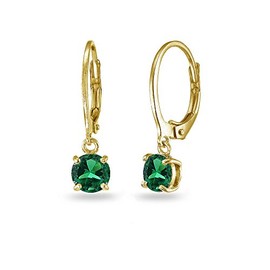 Yellow Gold Flashed Sterling Silver Created Emerald 6mm Round Leverback Dangle Earrings for Women