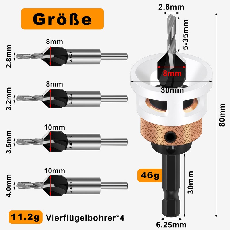 6-Piece Countersink Wood Drill Bit with Countersink Drill Bit with