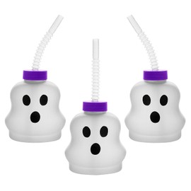 Fun Express Ghost-Shaped Frosted Reusable Plastic Cups with Lids & Straws - 12 Ct