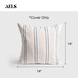 AELS 16x16 Decorative Farmhouse Linen Throw Pillow Covers, Boho Textured Pillow Case, Set of 2, Beige with White & Navy Blue Stitch Yarn Dyed Stripe Cushion Cover for Couch Living Room (Cover ONLY)
