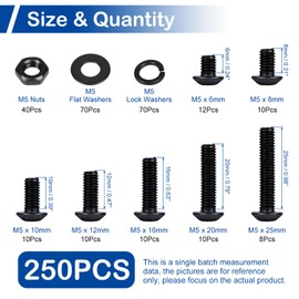 250 Pieces M5 Screws Nuts Washers Set Black, M5 x /8/10/12/16/20/25mm Button Head Socket Cap Screws Nuts Washers Assortment Kit, 10.9 Grade Alloy Steel, Fully Threaded