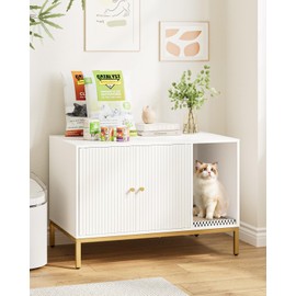 Apetaccat Cat Litter Box Enclosure, Modern Hidden Litter Box Furniture with Scratching Pad, Wooden Cat House Cabinet with Gold Metal Legs, Fit Most of Litter Box,White and Gold
