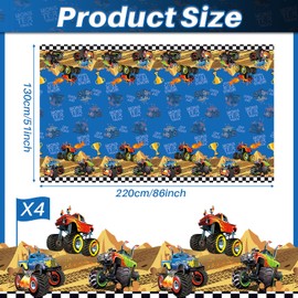 Juexica 4 Pcs Truck Tablecloth Machine Truck Birthday Party Supplies Monster Machine Table Cover Disposable Plastic Grave Digger Theme Checkered Flag Tablecloth for Party Decorations