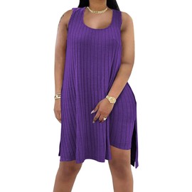 Tycorwd Women's Plus Size Two Piece Outfits Summer Sleeveless Tunic Tops Bodycon Biker Shorts Sweatsuits Sets Purple-5XL