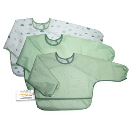 MiaMia 3 Pack Long Sleeve Bibs - Waterproof Baby Weaning Bibs with Food Catcher - Oeko Tex Standard 100 - Green